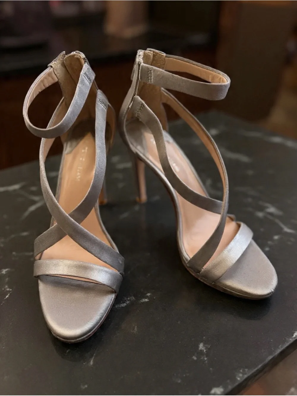 Antonio Melani Silver Rhinestone Strappy Stiletto Peep Toe Heel Zip Leather Sole - Picture 9 of 12